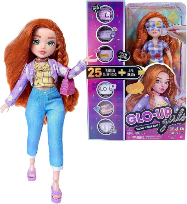 GLO-UP Girls Rose Redhead Fashion Doll, 25 Fabulous Suprises, Accessories, Purses, Bath Bomb, Spa Face