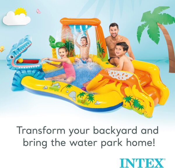 Intex Inflatable Kids Dinosaur Play Center Outdoor Playhouse Inflatable Pool Water Park with Slide, Water Sprayer, Waterfall, and 6 Balls, Multicolor