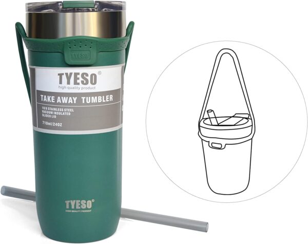 Tezo Stainless Steel Travel Mug, 24oz Insulated Coffee Mug with Lid, Straw and Holder, Double Wall Vacuum Insulated Thermal Cup, Powder Coated Thermal Mug with Splash Proof Slide Lid (Green)