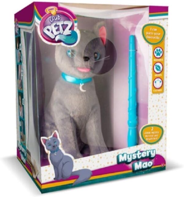 Club Petz Grey Mystery Mao Bewitched Mind Reading Plush Cat Soft Toy with 2 Game Modes includes stake and scribe.